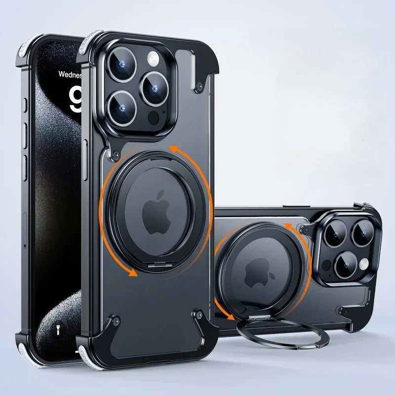 For iPhone 15 Pro Max Case Aluminum Alloy Metal Magnetic Magsafe 360° Rotate Stand Rimless car Phone holder matte leather Cover