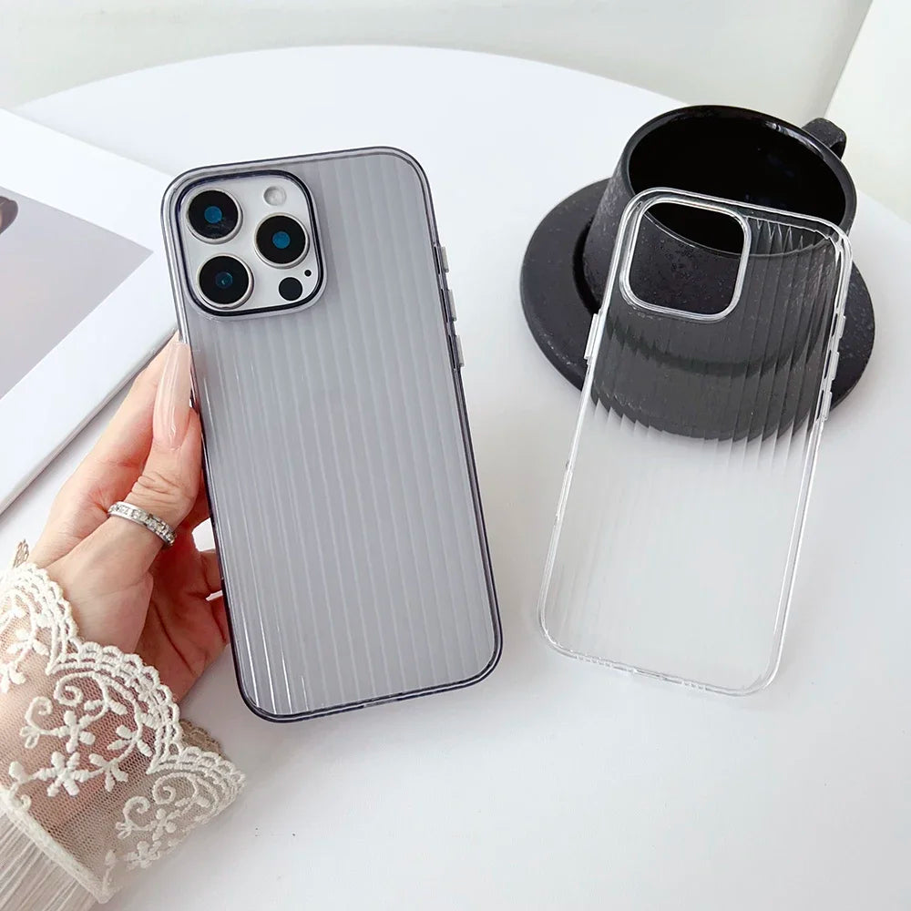 Metal Button Key Vertical Stripe Corrugated Clear Phone Case for IPhone 13 14 15 16 Pro Max Shockproof PC Protective Back Cover