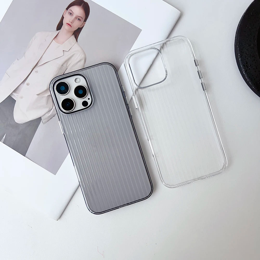 Metal Button Key Vertical Stripe Corrugated Clear Phone Case for IPhone 13 14 15 16 Pro Max Shockproof PC Protective Back Cover