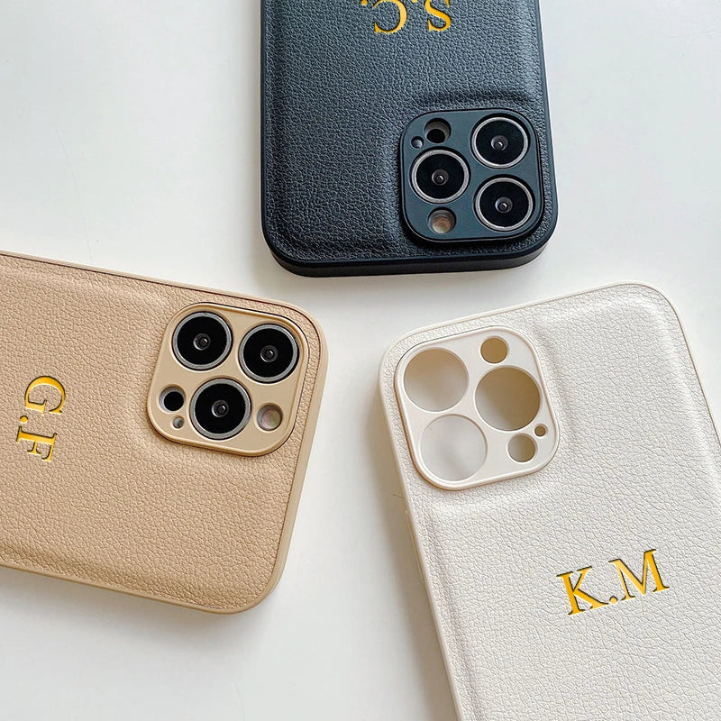 Customized Phone Case For iPhone 16 15 14 13 12 11 Pro Max Plus Personalized Name Initials Letters Luxury Leather DIY Cover 16 - Caseverse
